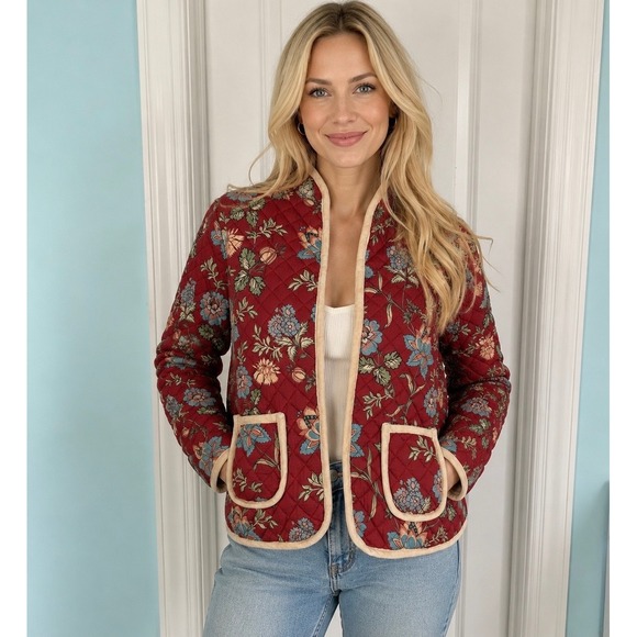 Marigold by Victoria Dunn Jackets & Blazers - Marigold by Victoria Dunn Quilted Cotton Floral Open‎ Front Jacket Burgundy XL